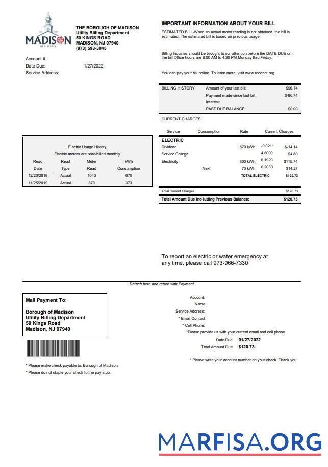 Blank USA New Jersey The Borough of Madison utility bill template in Word and PDF format